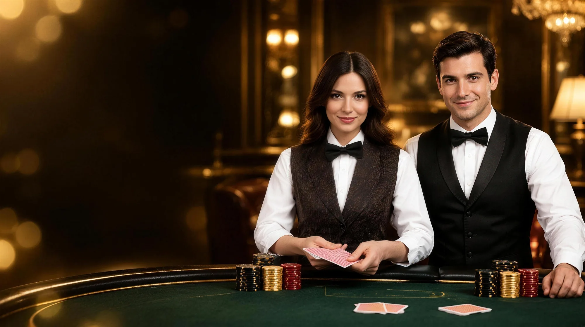 Anna and Victor, the MyGameZone croupiers, at a green felt poker table